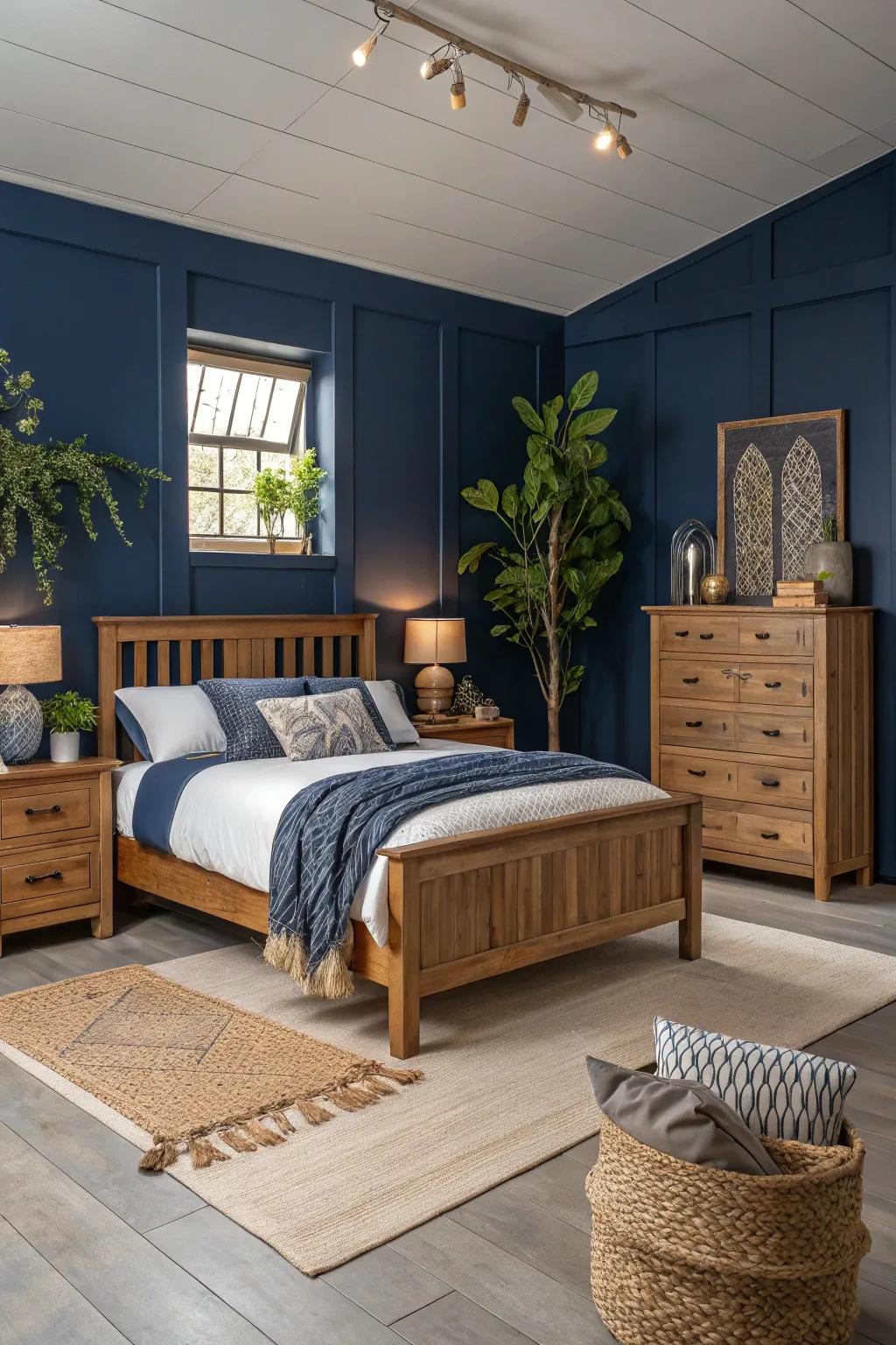 Natural wood components deliver warmth and balance to deep sea blue décor.