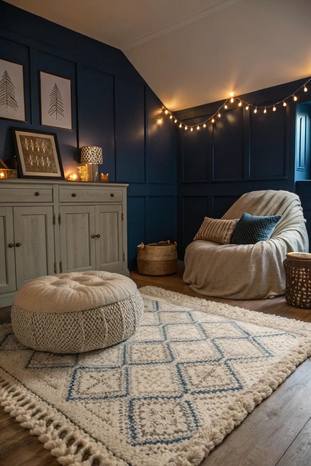 Delicate rugs enhance the coziness and cohesiveness of a deep sea blue boudoir.