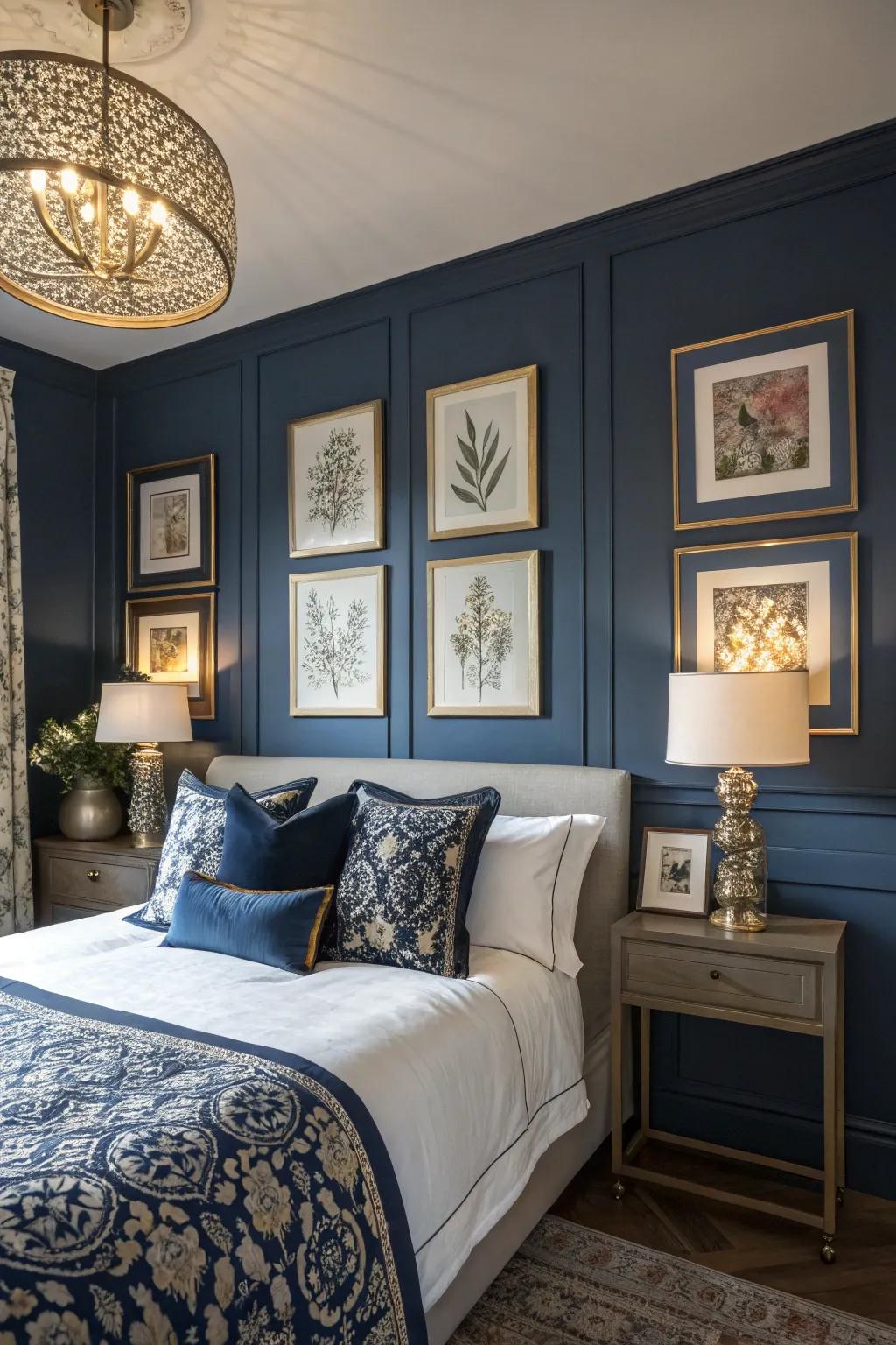 Wall art introduces a personal and aesthetic touch to deep sea blue décor.