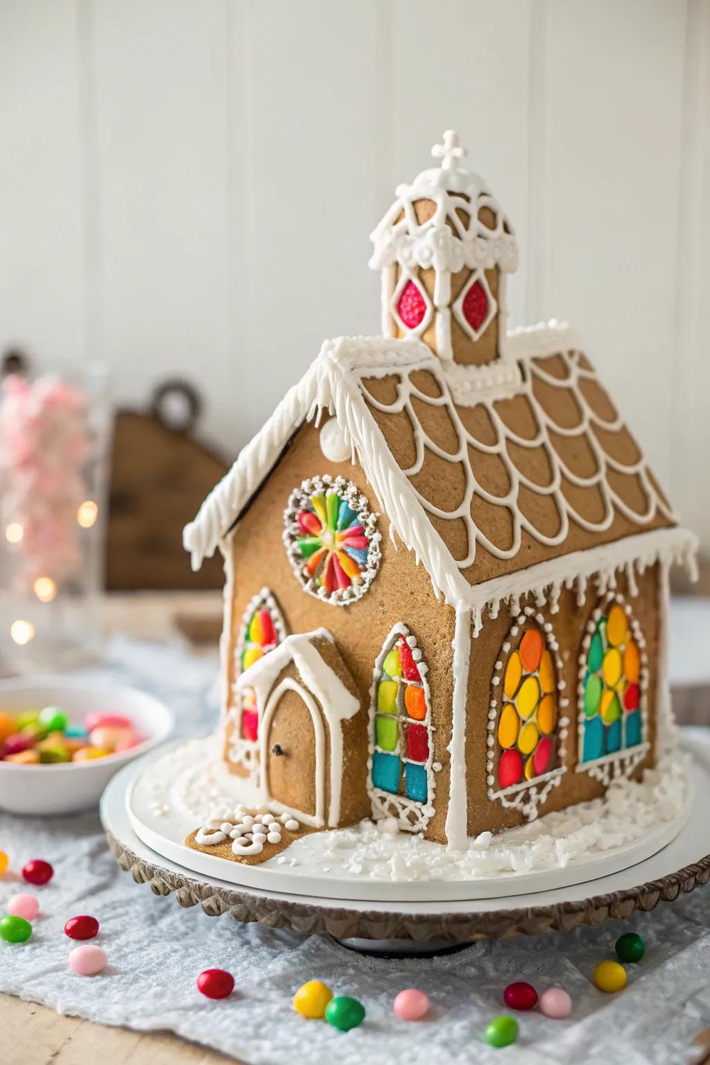 A serene gingerbread chapel radiating elegance.