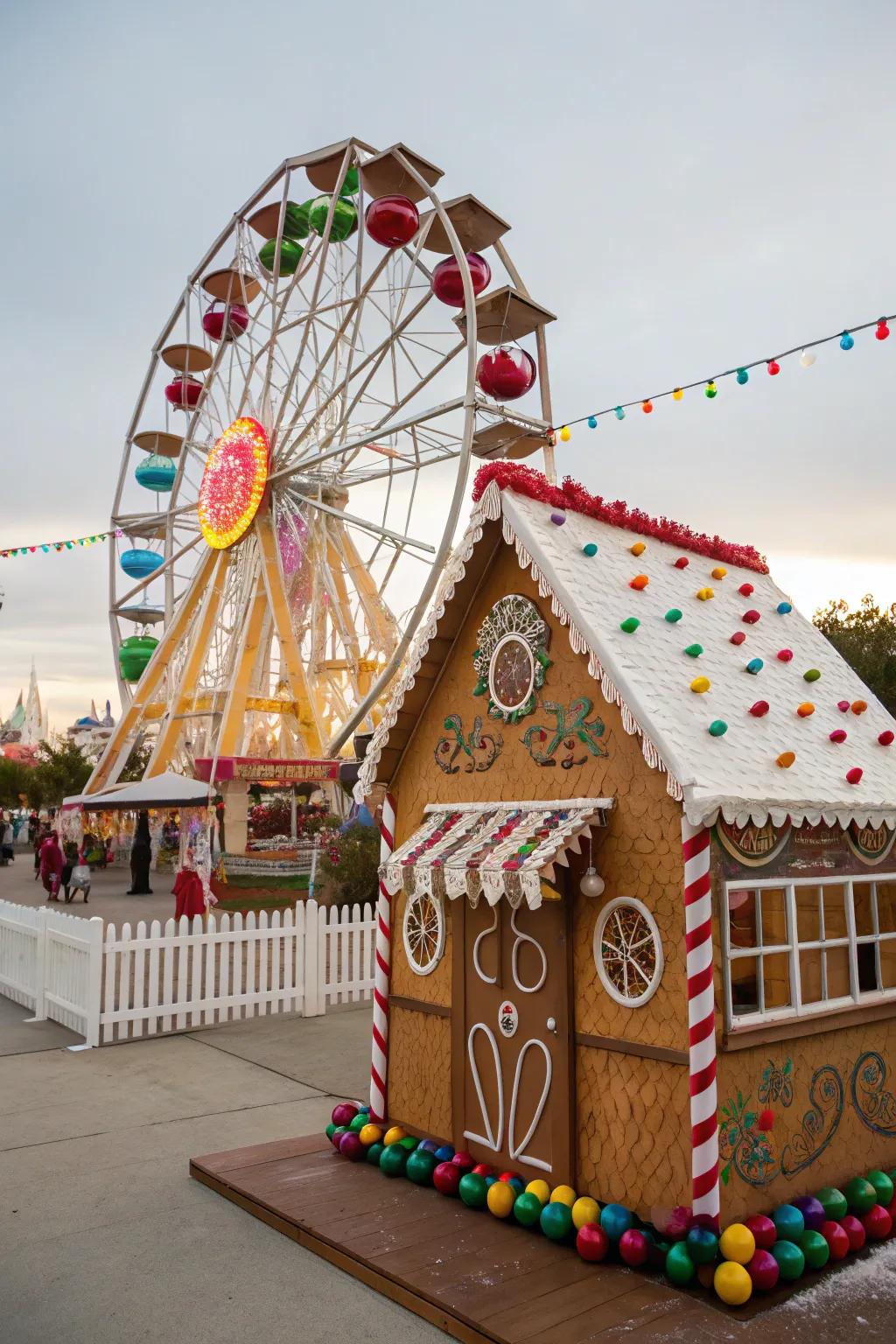 A gingerbread house capturing the lively vibe of a carnival.