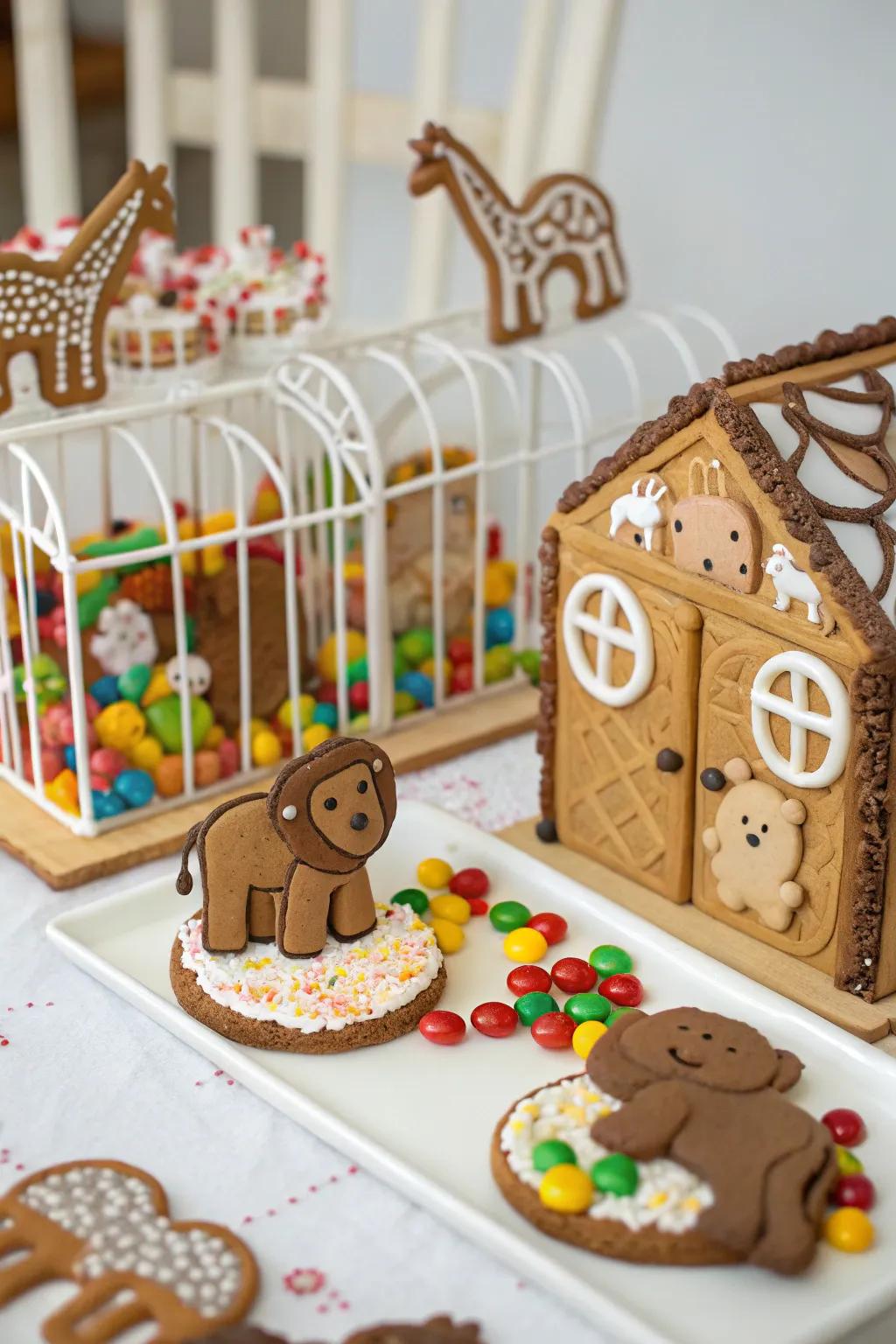 A delightful gingerbread zoo filled with sweet animals.