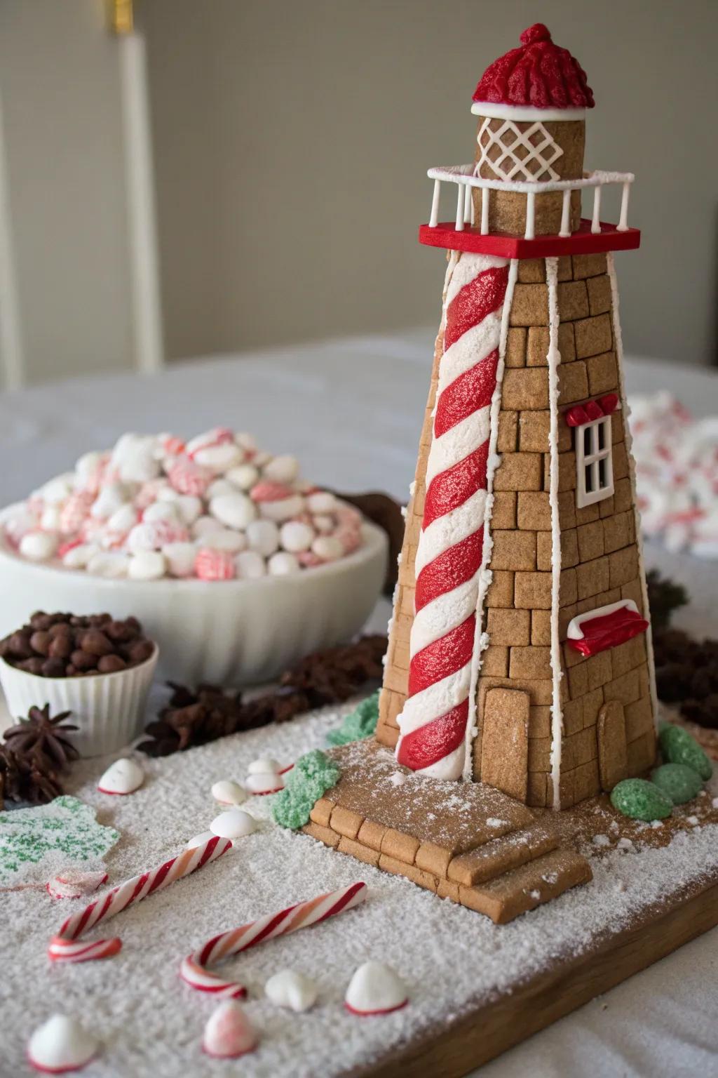 A gingerbread lighthouse standing proudly by the ocean.