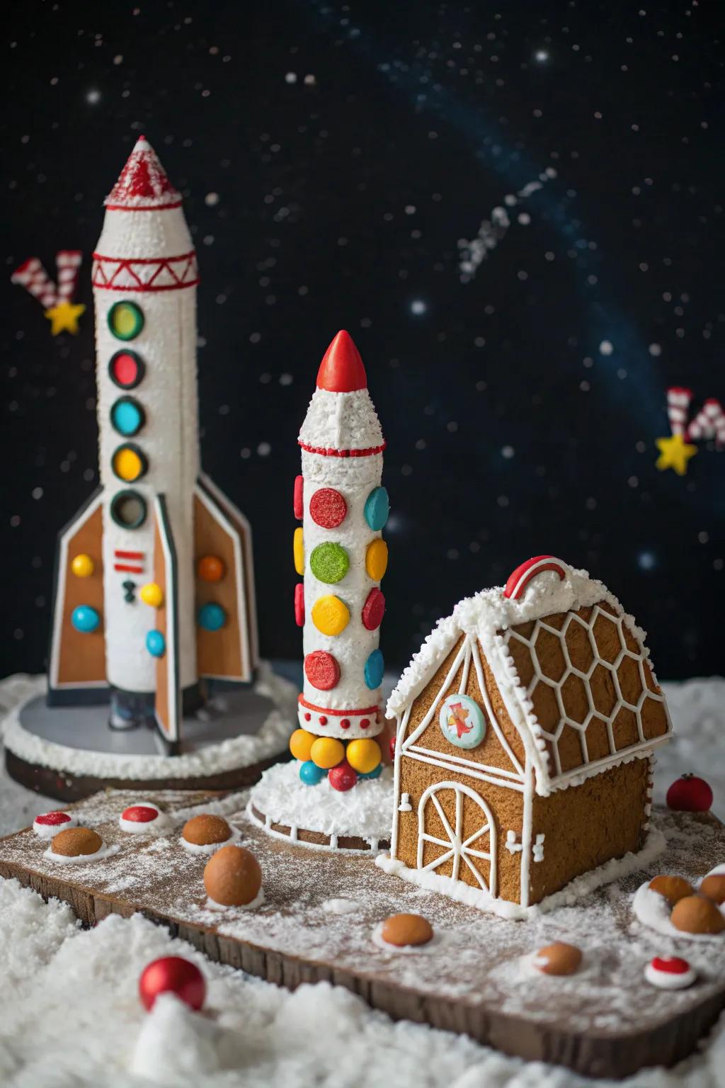 A gingerbread space station prepared for an outer space journey.