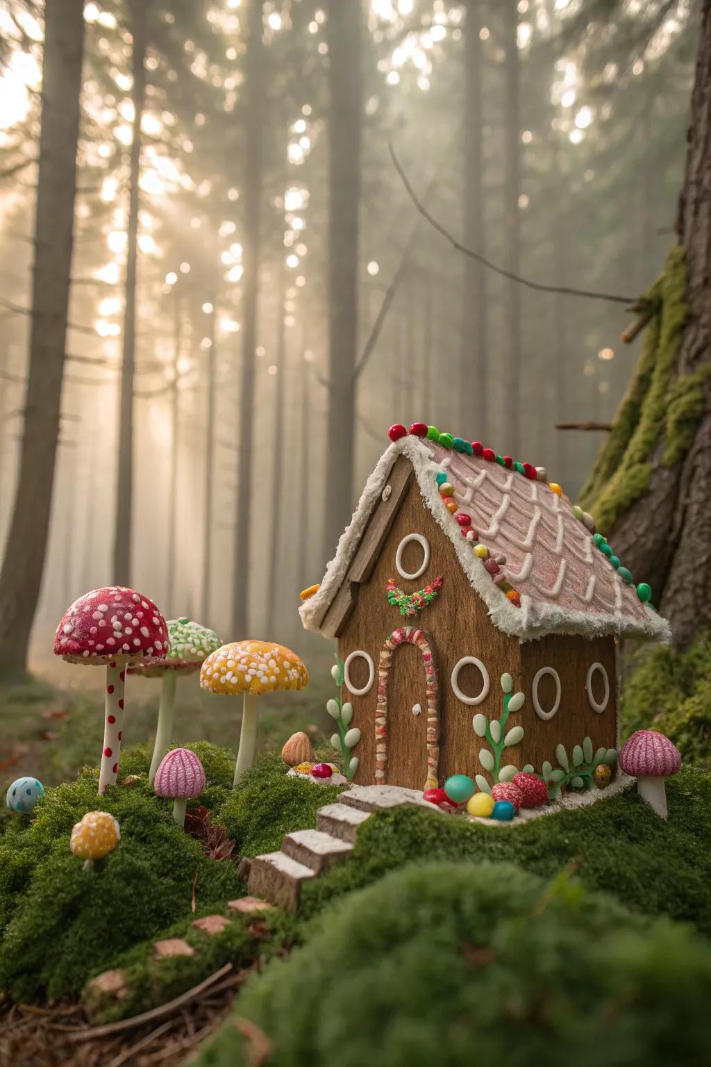A gingerbread house nestled within a magical enchanted forest.
