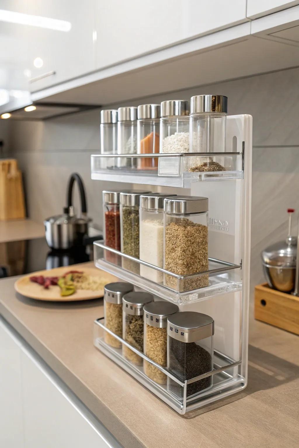 Acrylic racks offer a polished and contemporary spice display.