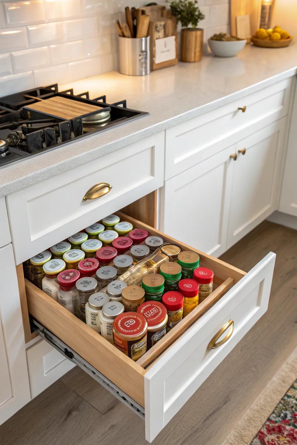 Carefully sorted spices within a pull-out drawer.