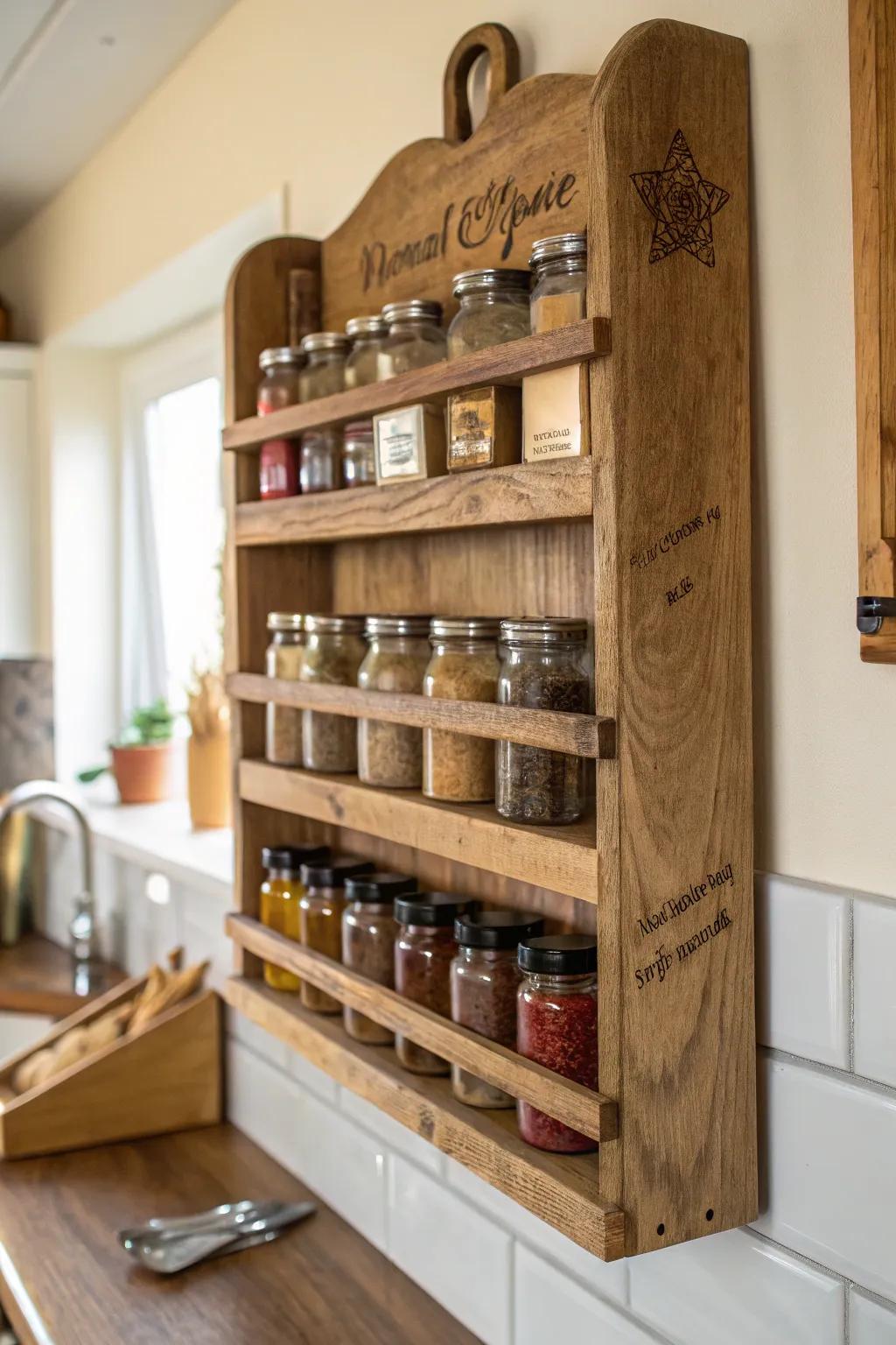 A captivating DIY spice rack handcrafted from upcycled wood.