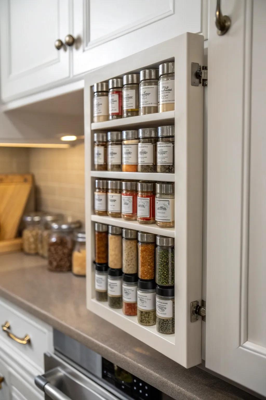 Clever spice organization found on the inner side of a cabinet door.