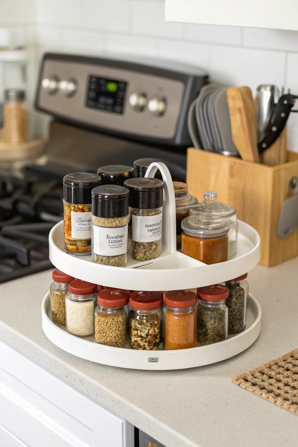 Turntable storage renders spice selection simple.