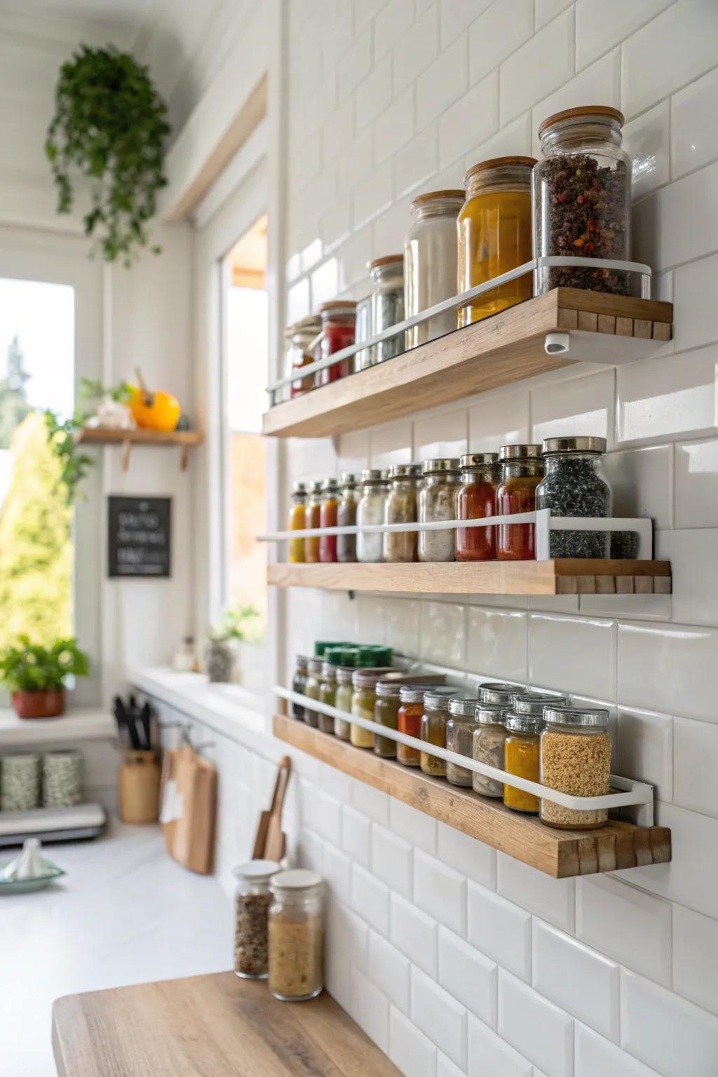 Tasteful spice presentation using floating shelves.