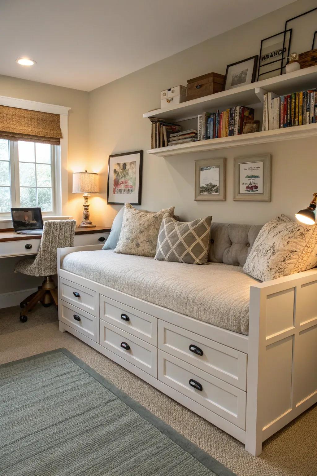 A daybed provides comfort and a clever storage solution.