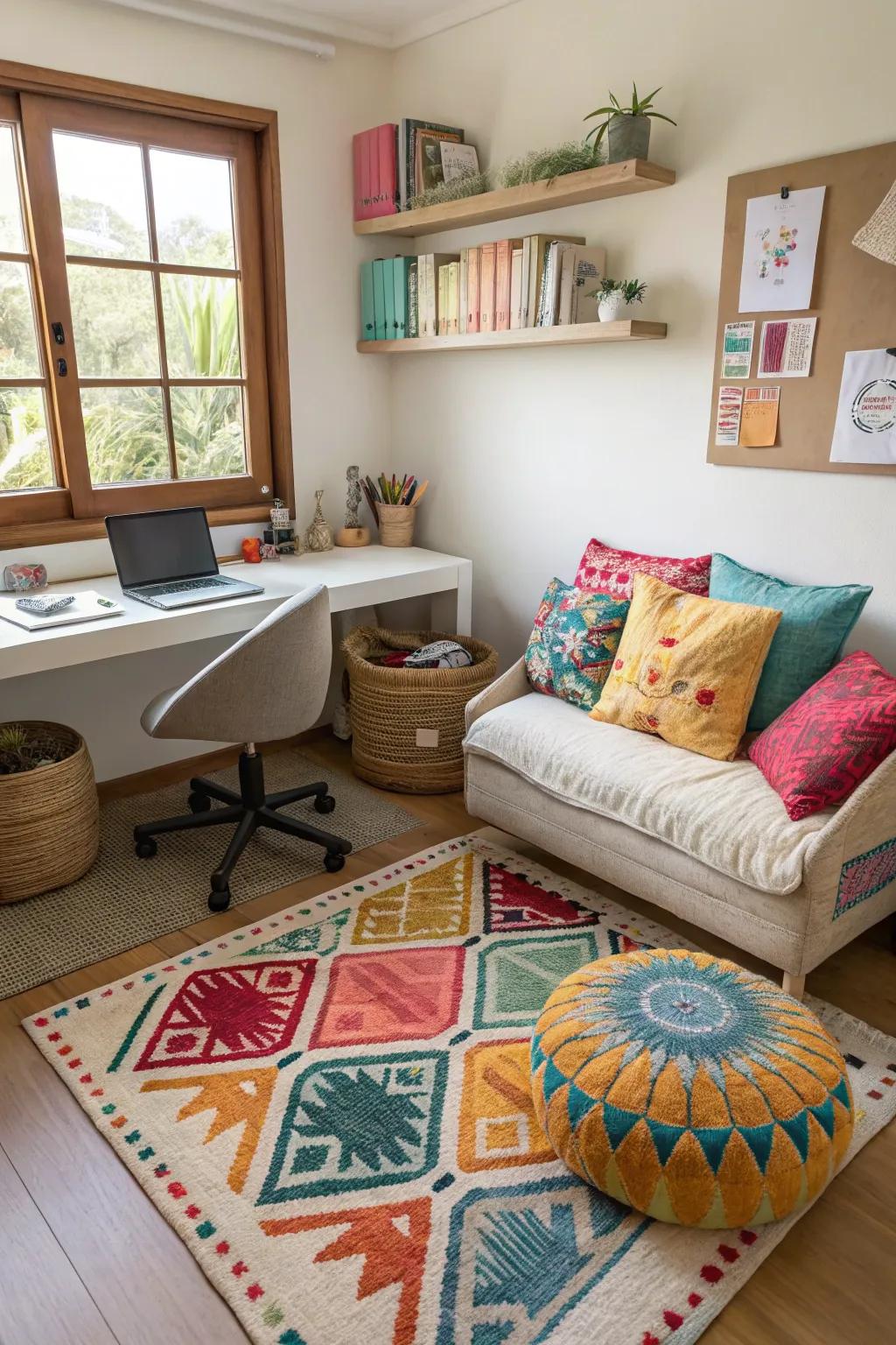 Colorful accents add energy and warmth to the area.