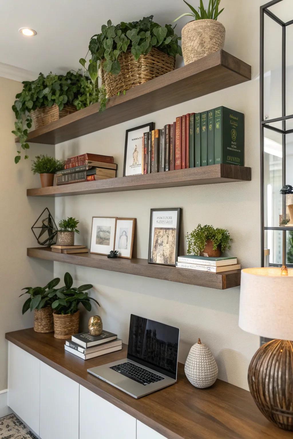 Wall-mounted shelves introduce flair and storage without the clutter.