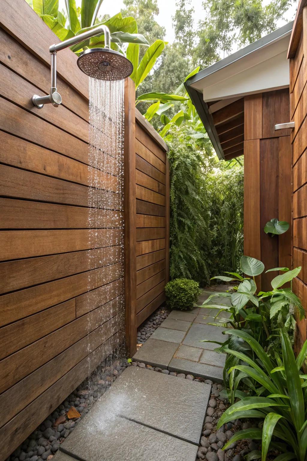 An outdoor showering station provides a revitalizing embrace of nature.