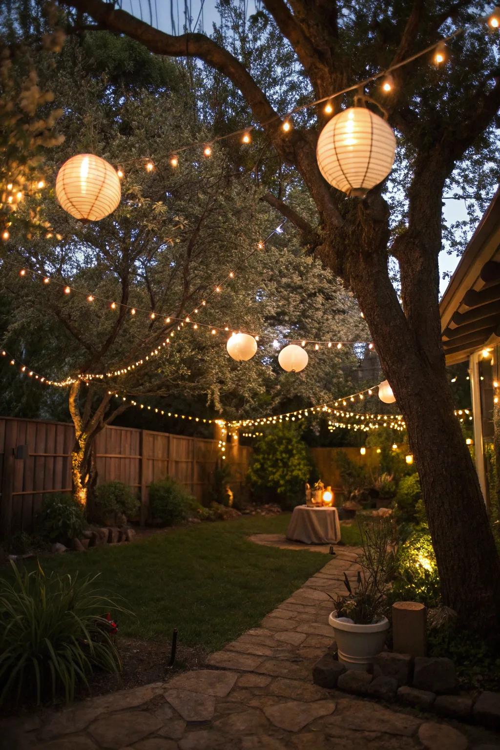 Strung lights and lanterns morph a backyard into a captivating night getaway.