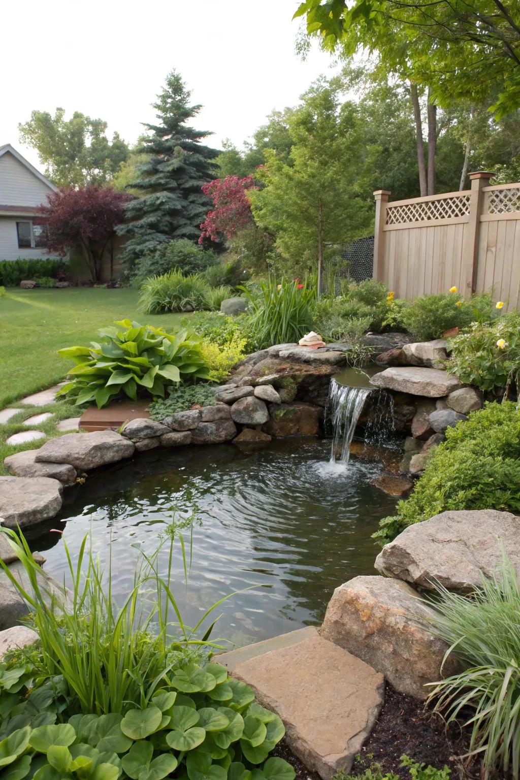 A backyard pond complete with a cascading water feature forms a tranquil escape.