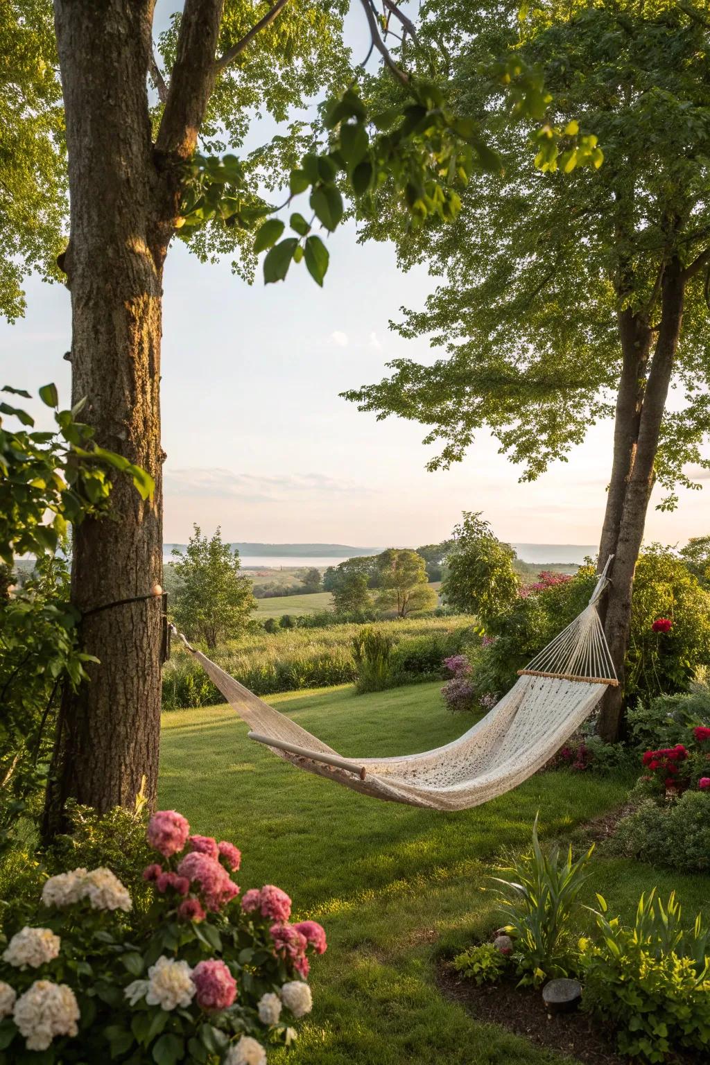 A hammock slung between trees offers an ideal spot for unwinding.