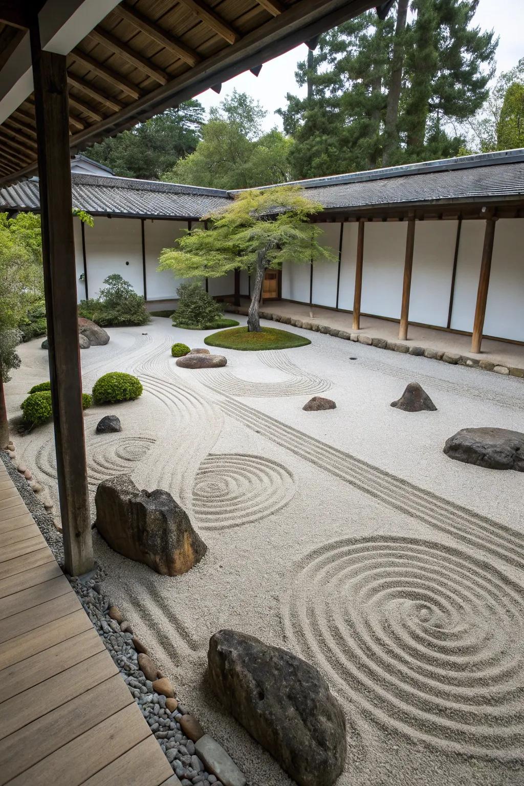 A Zen garden corner delivers a peaceful sanctuary for unwinding.