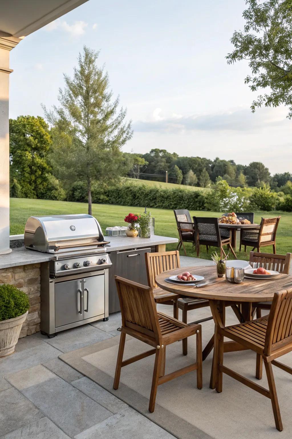 An outdoor kitchen arrangement converts eating into an open-air adventure.