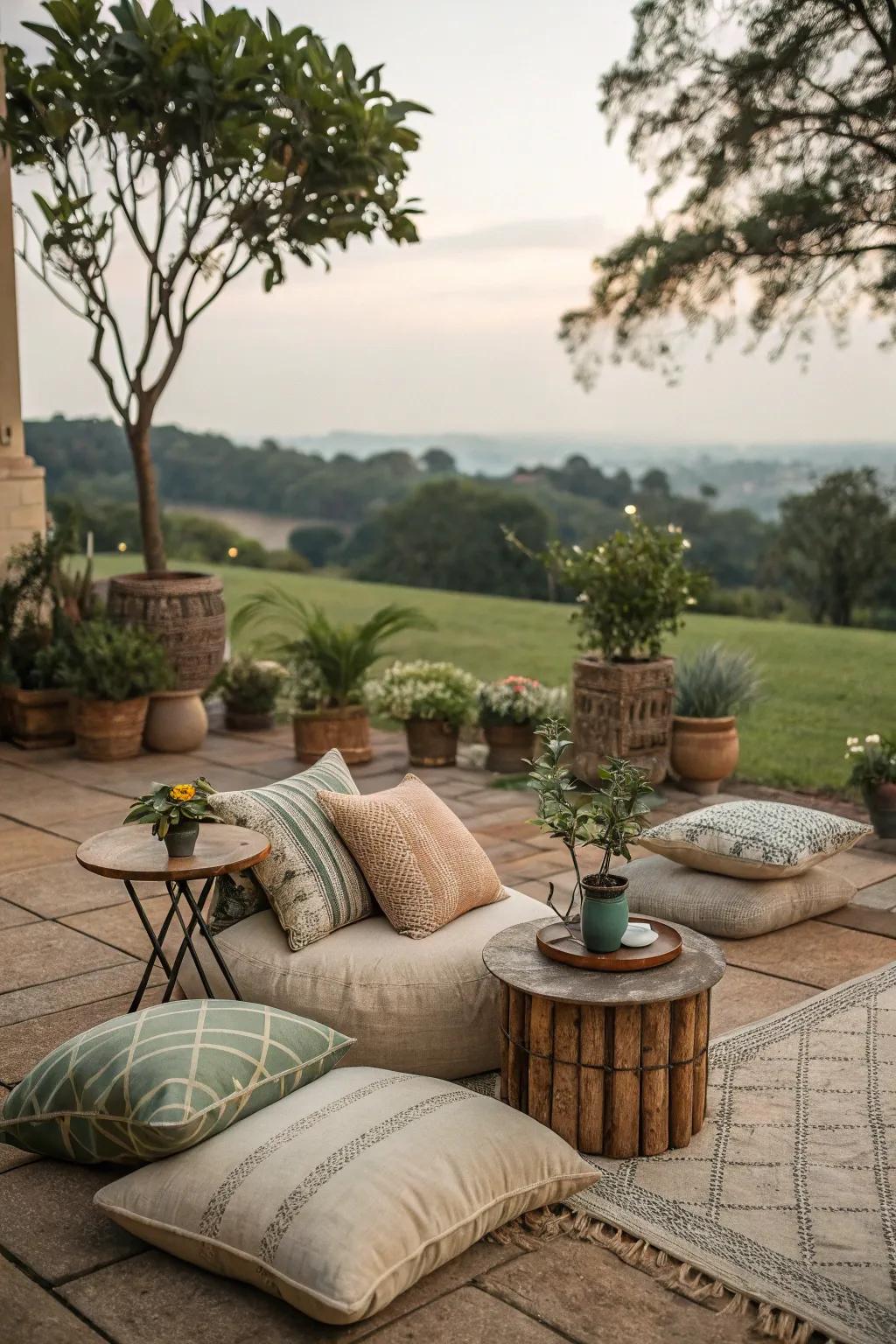 Comfortable seating featuring plush cushions boosts outdoor leisure.