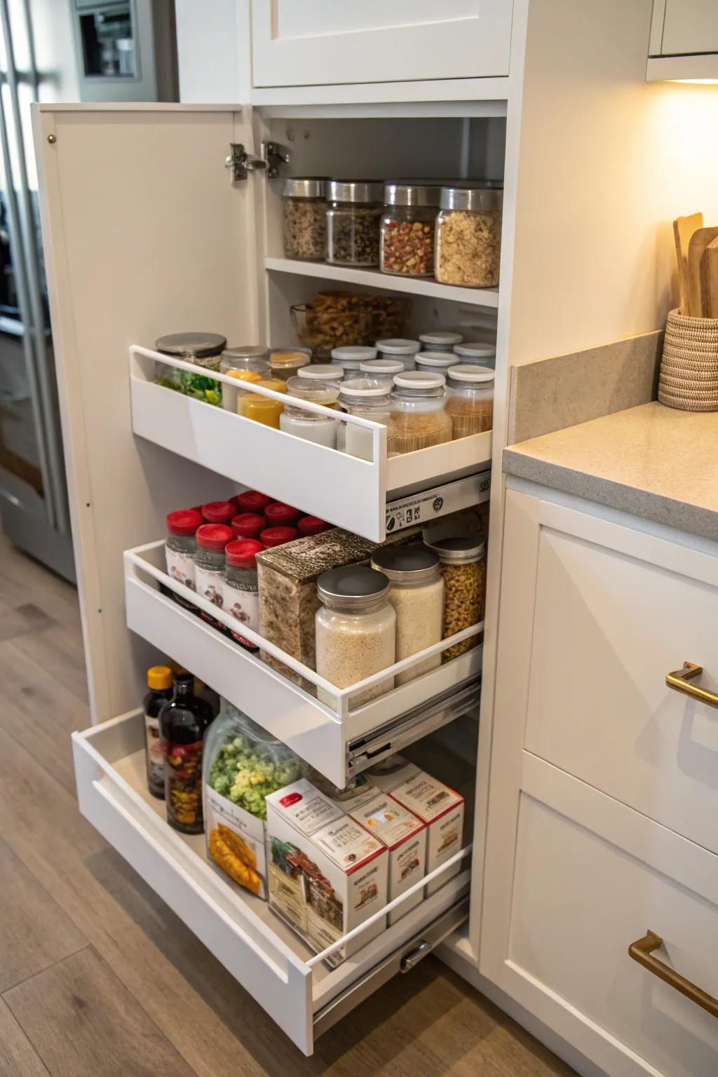 Hidden drawers offer efficient and discreet storage.