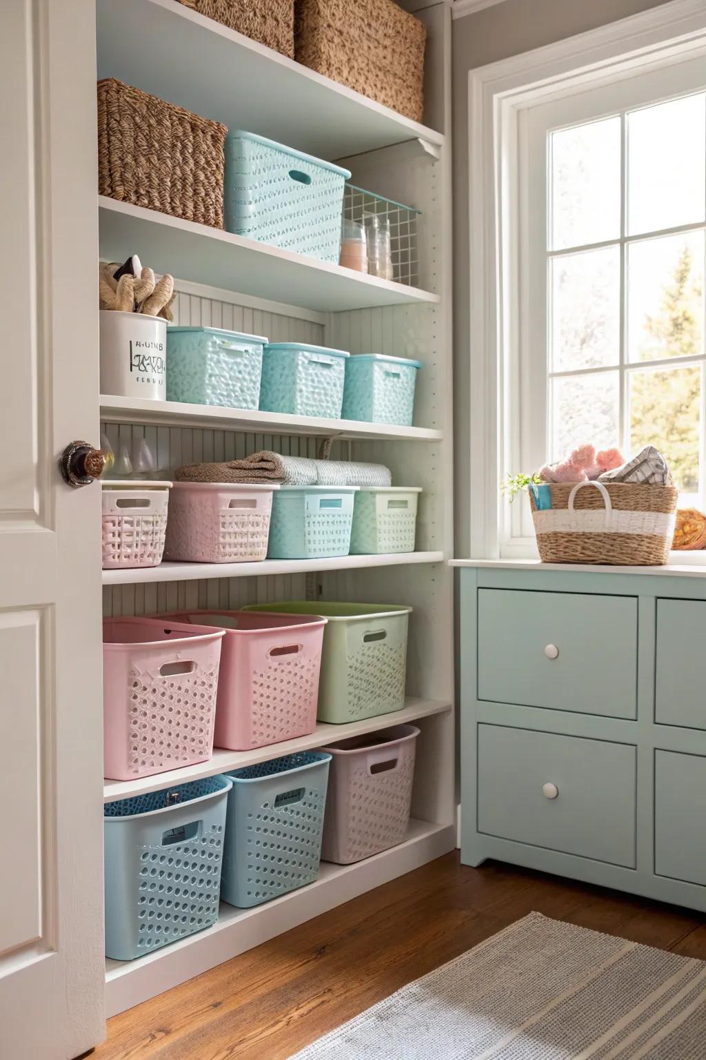 Color coordination brings calmness to your pantry.