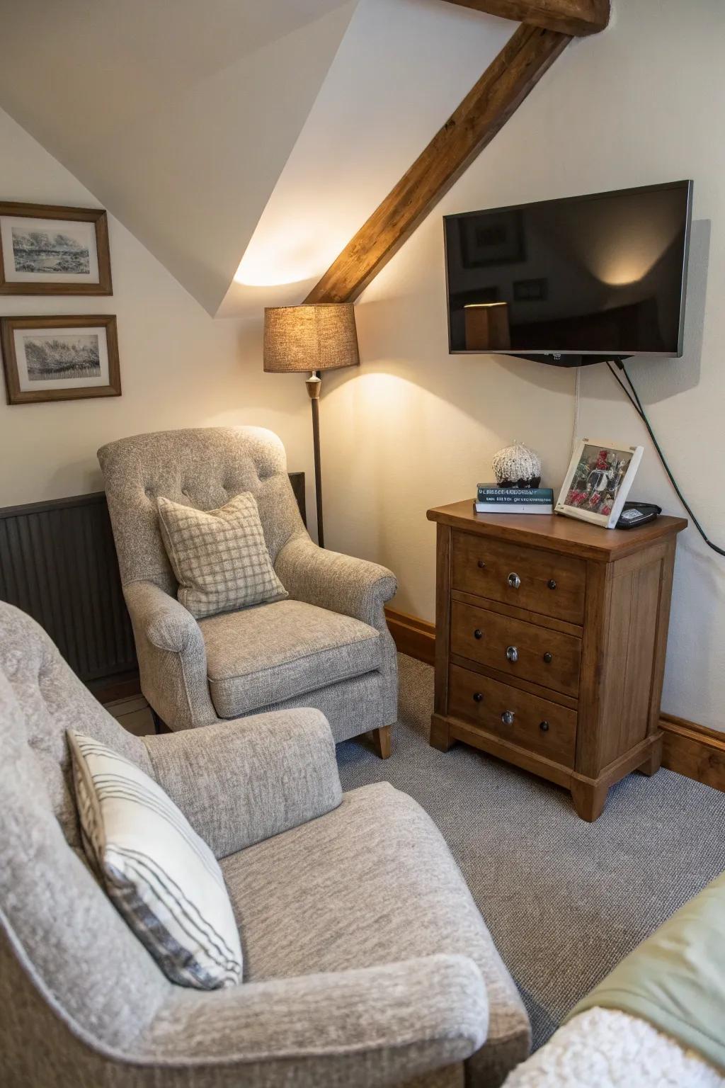 Design a relaxing corner with comfortable armchairs for a personal TV viewing experience.