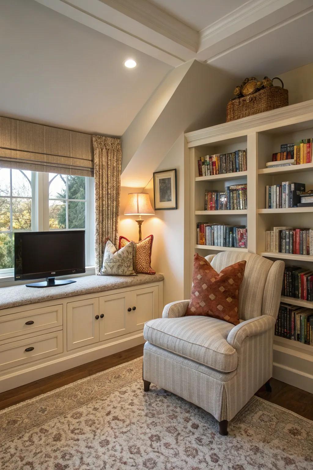 A reading space adds flexibility to your bedroom TV area.