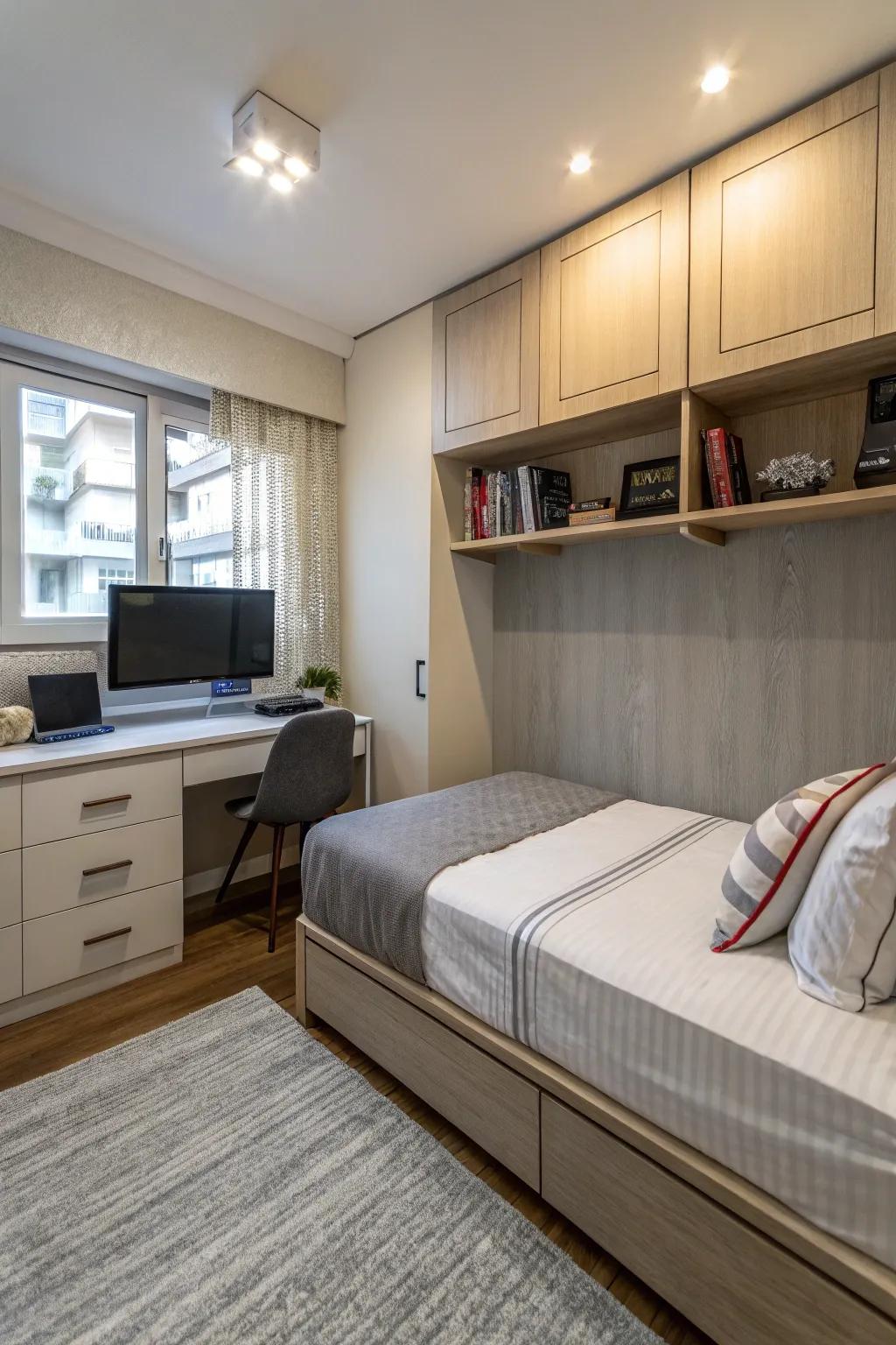 A corner TV arrangement can help maximize space in smaller bedrooms.