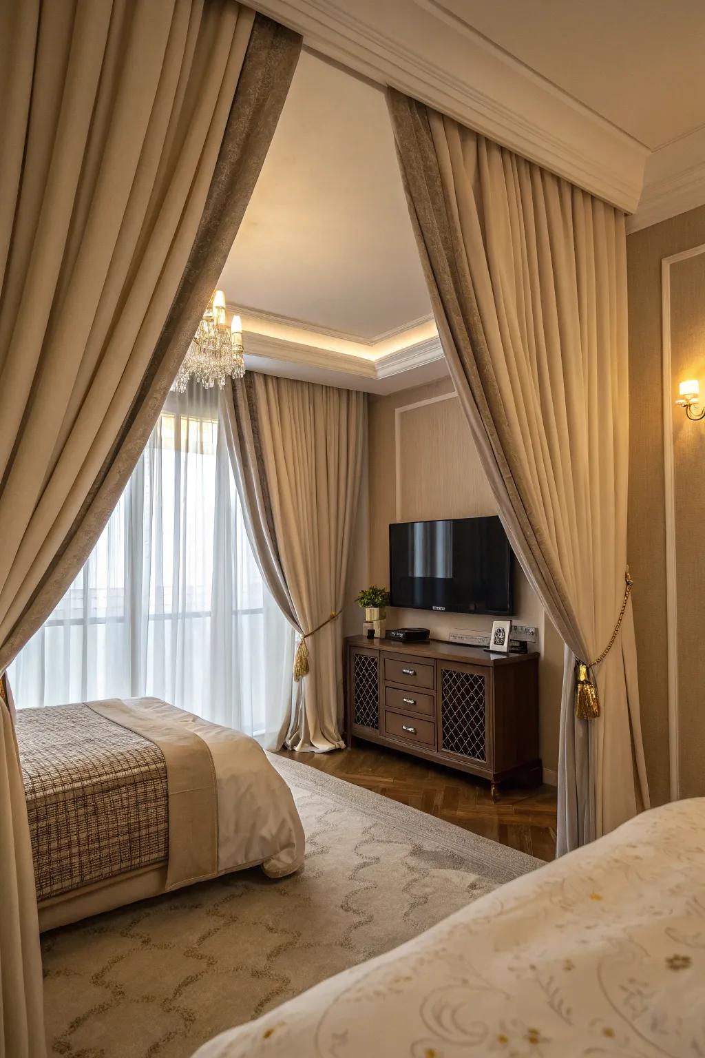 Elegant curtains provide softness and light management for your TV area.