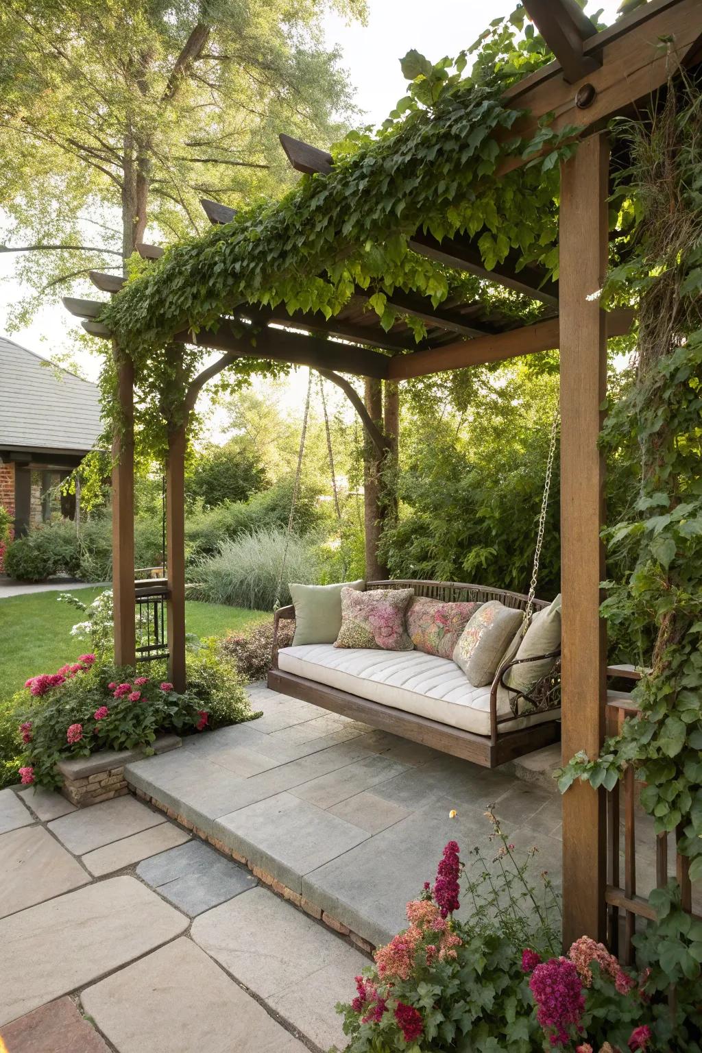 A pergola with a swing provides a shaded spot for relaxation.