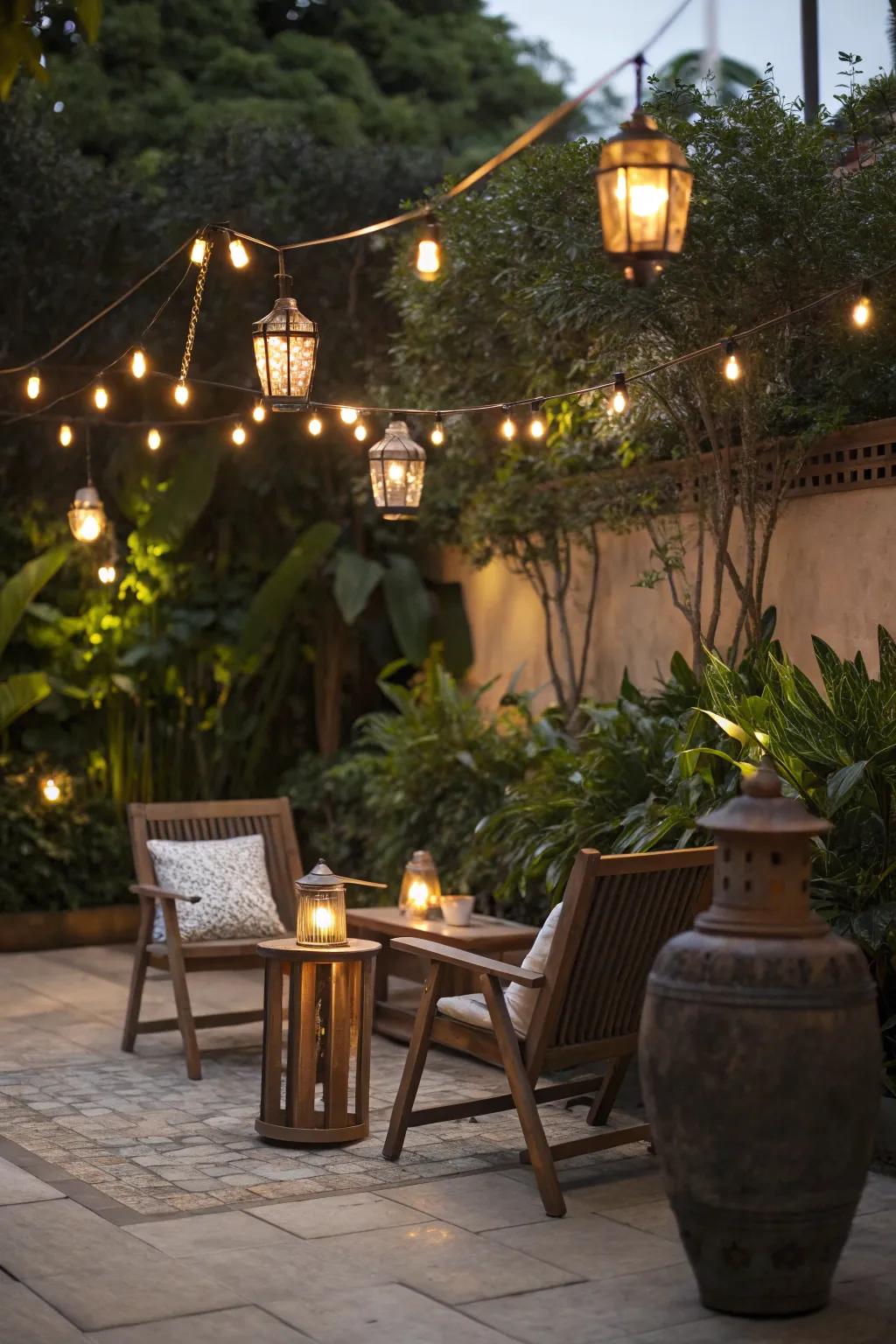 Ambient lighting can turn your patio into an enchanting evening getaway.