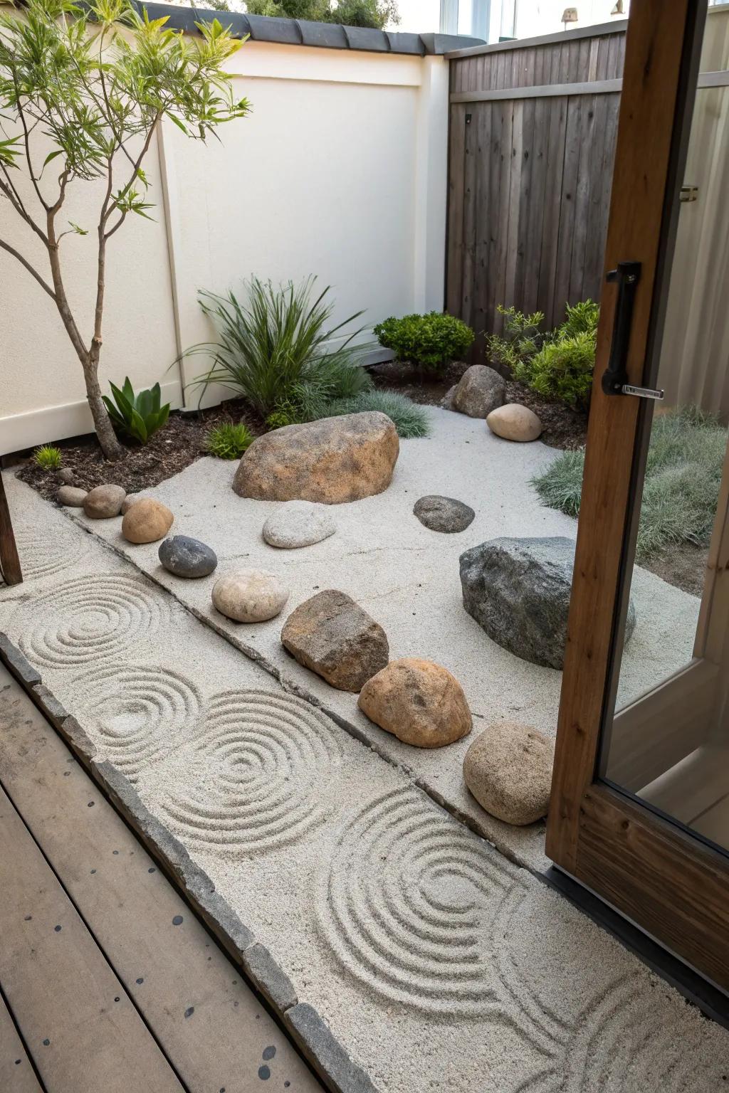 A Zen garden corner provides a quiet escape on your patio.