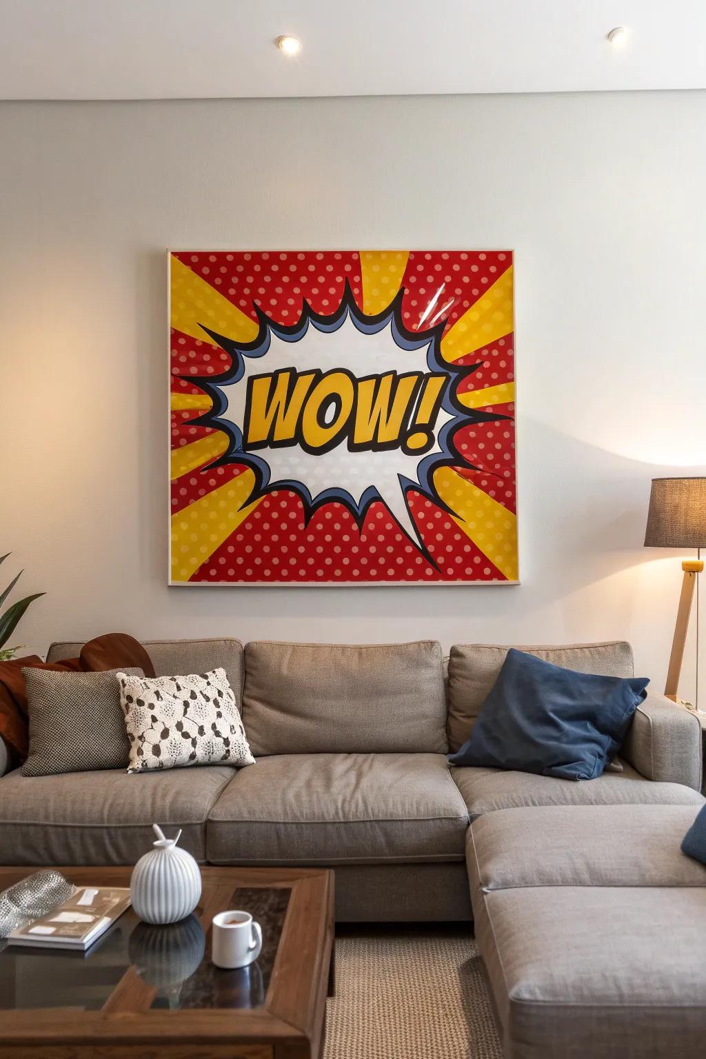 A pop art masterpiece showcasing a comic-style 'Wow!' speech bubble.
