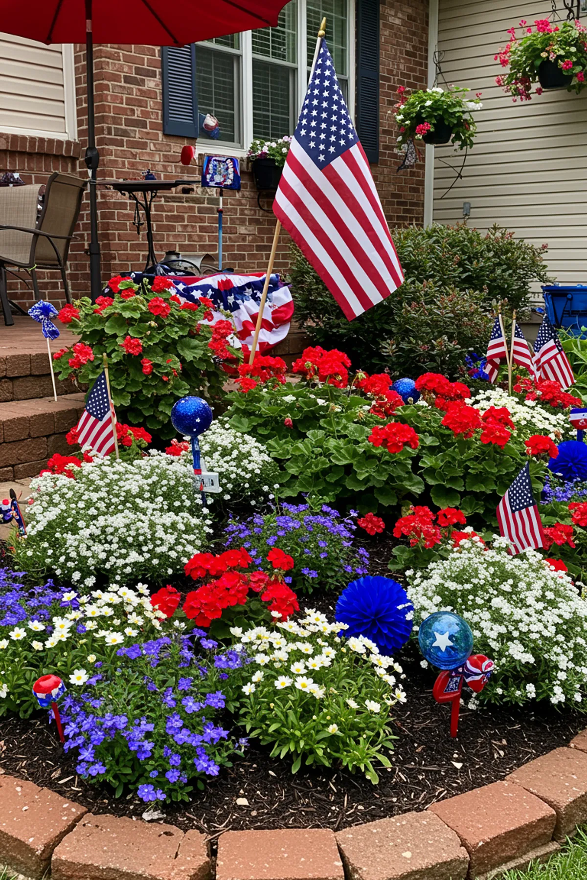 A festive garden featuring red geraniums, white daisies, blue lobelia, American flags, and decorative elements.