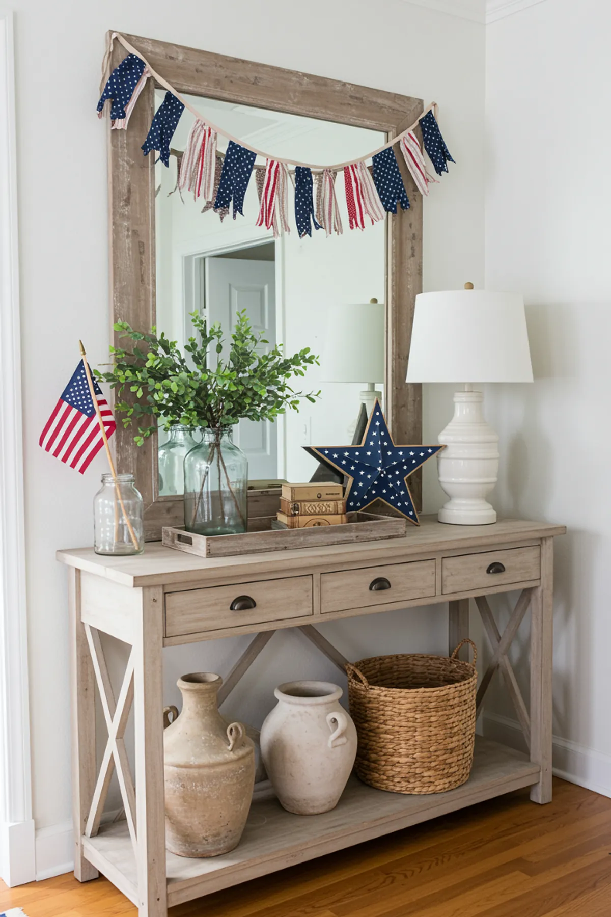 A charming entryway with an American flag, green foliage in a jar, wooden console table, and decorative stars.