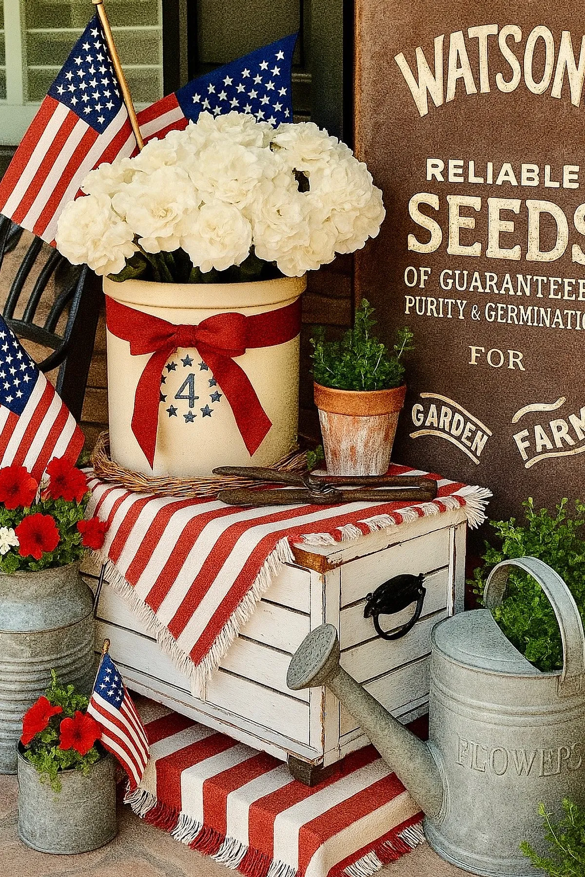 A festive porch setup featuring white flowers in a container, American flags, a striped blanket, and rustic decor.