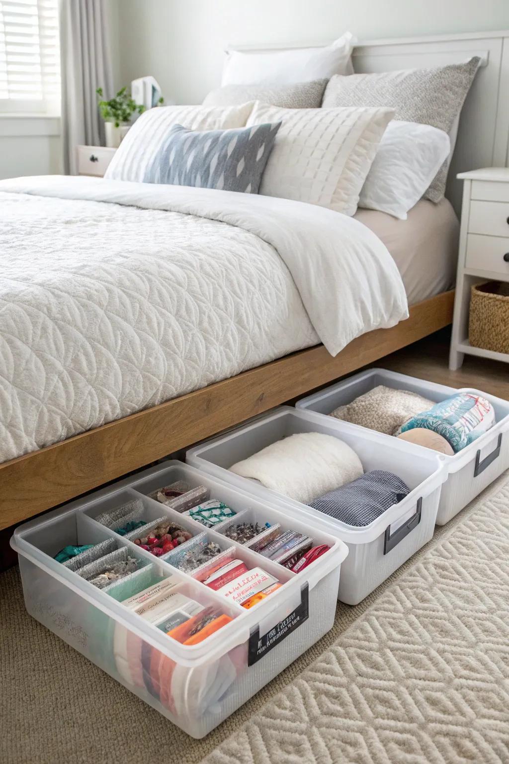 Under-bed storage helps keep a bedroom tidy and organized.