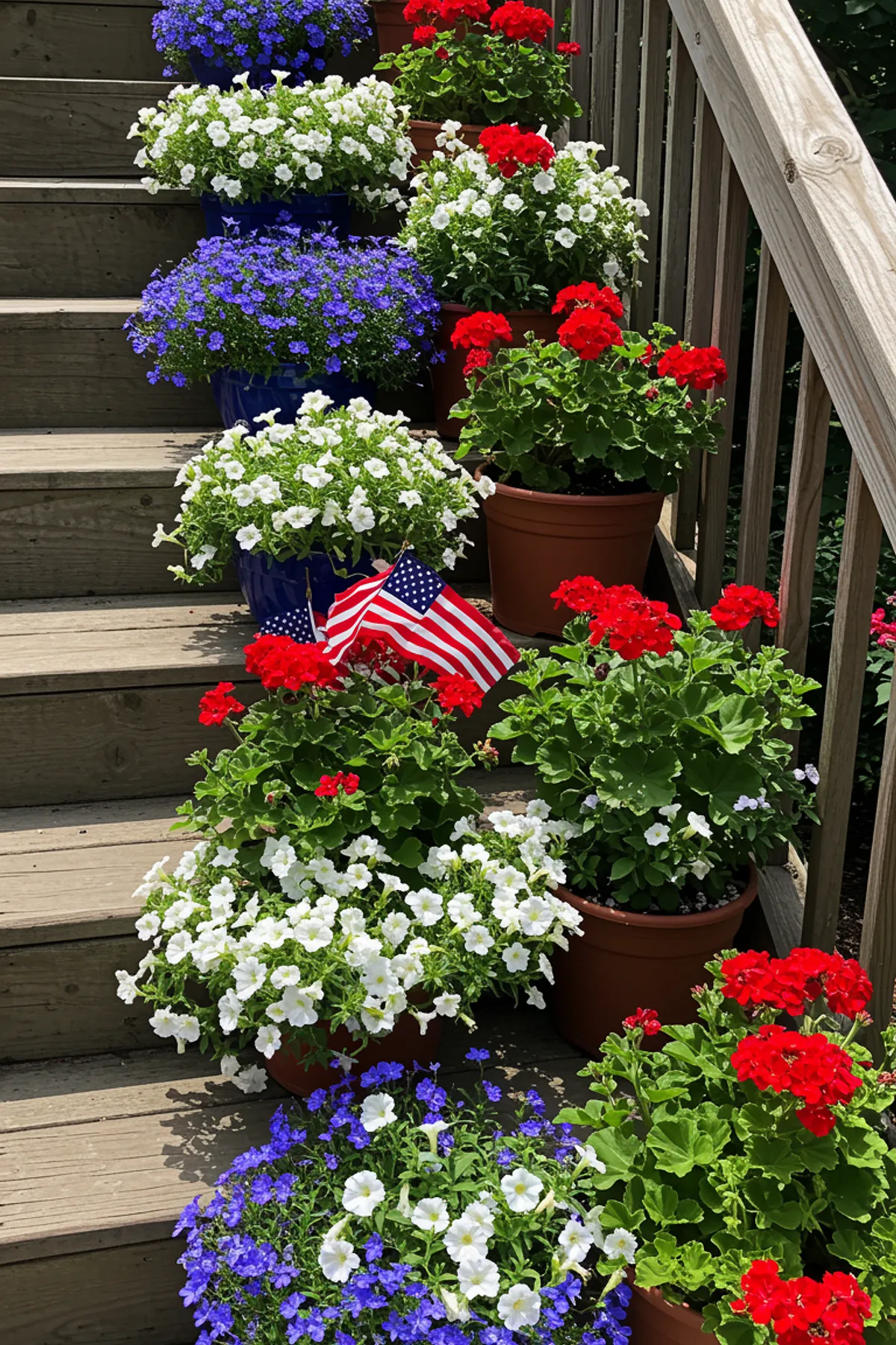 A staircase lined with colorful flower pots featuring red geraniums, white petunias, blue lobelia, and American flags.