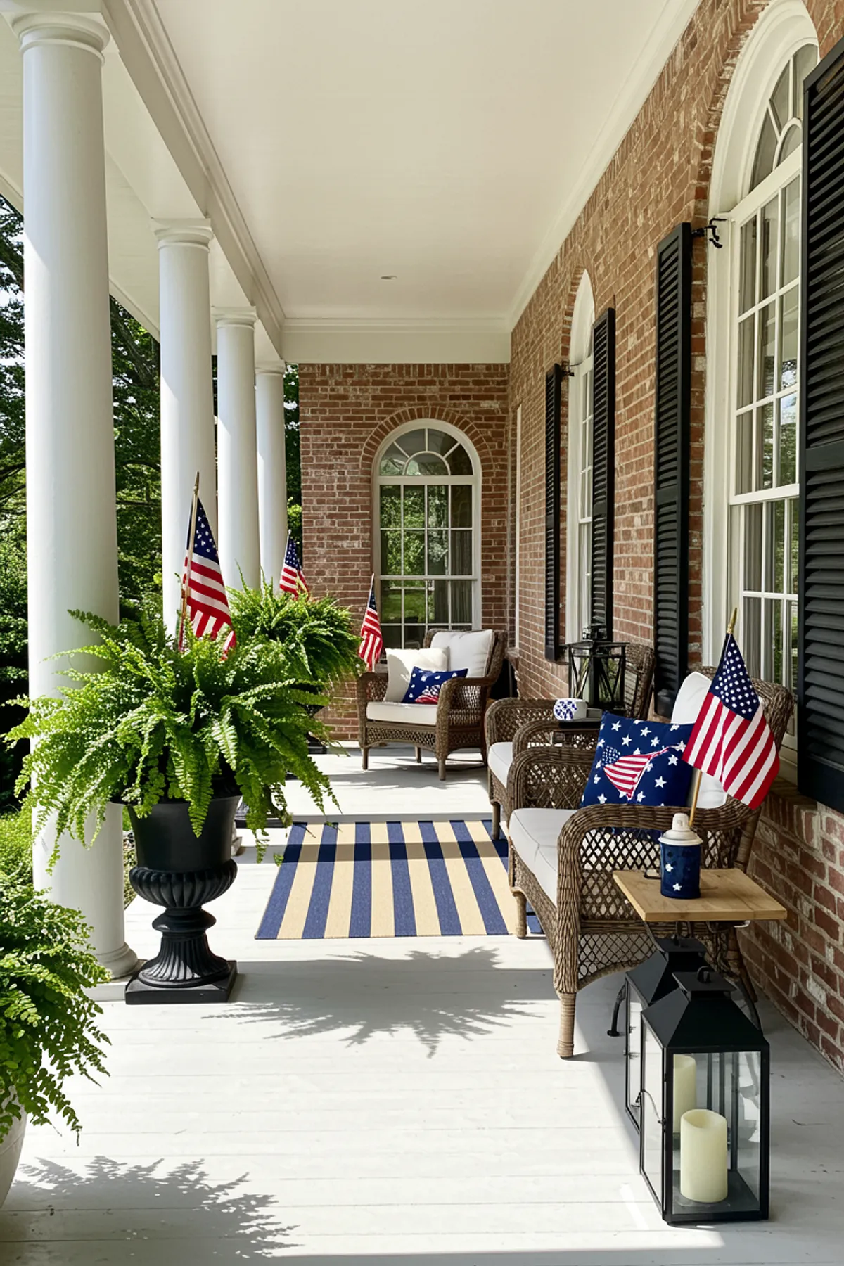 A festive porch with American flags, cozy seating, striped rug, and large ferns in decorative pots.