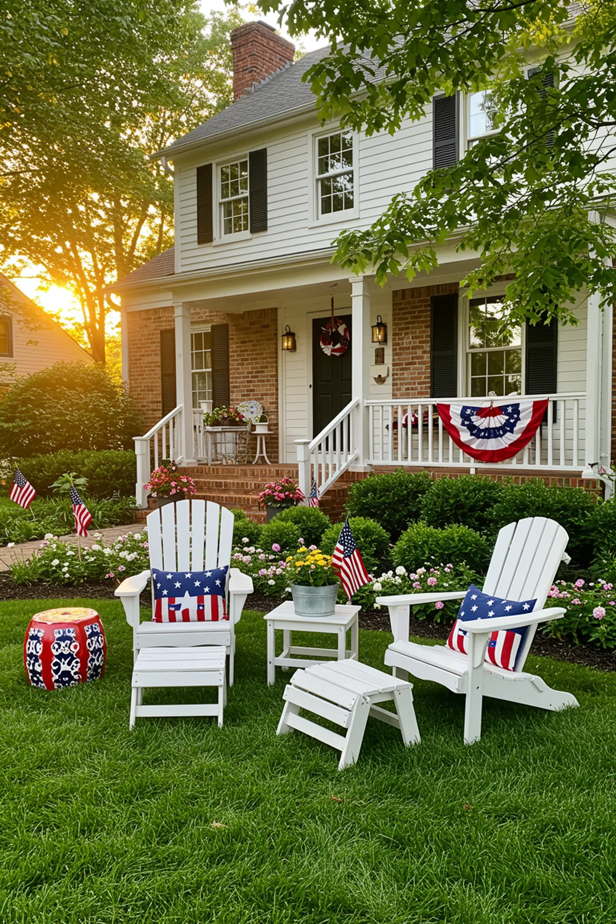 A festive patio featuring white Adirondack chairs with patriotic cushions, potted flowers, and American flags.