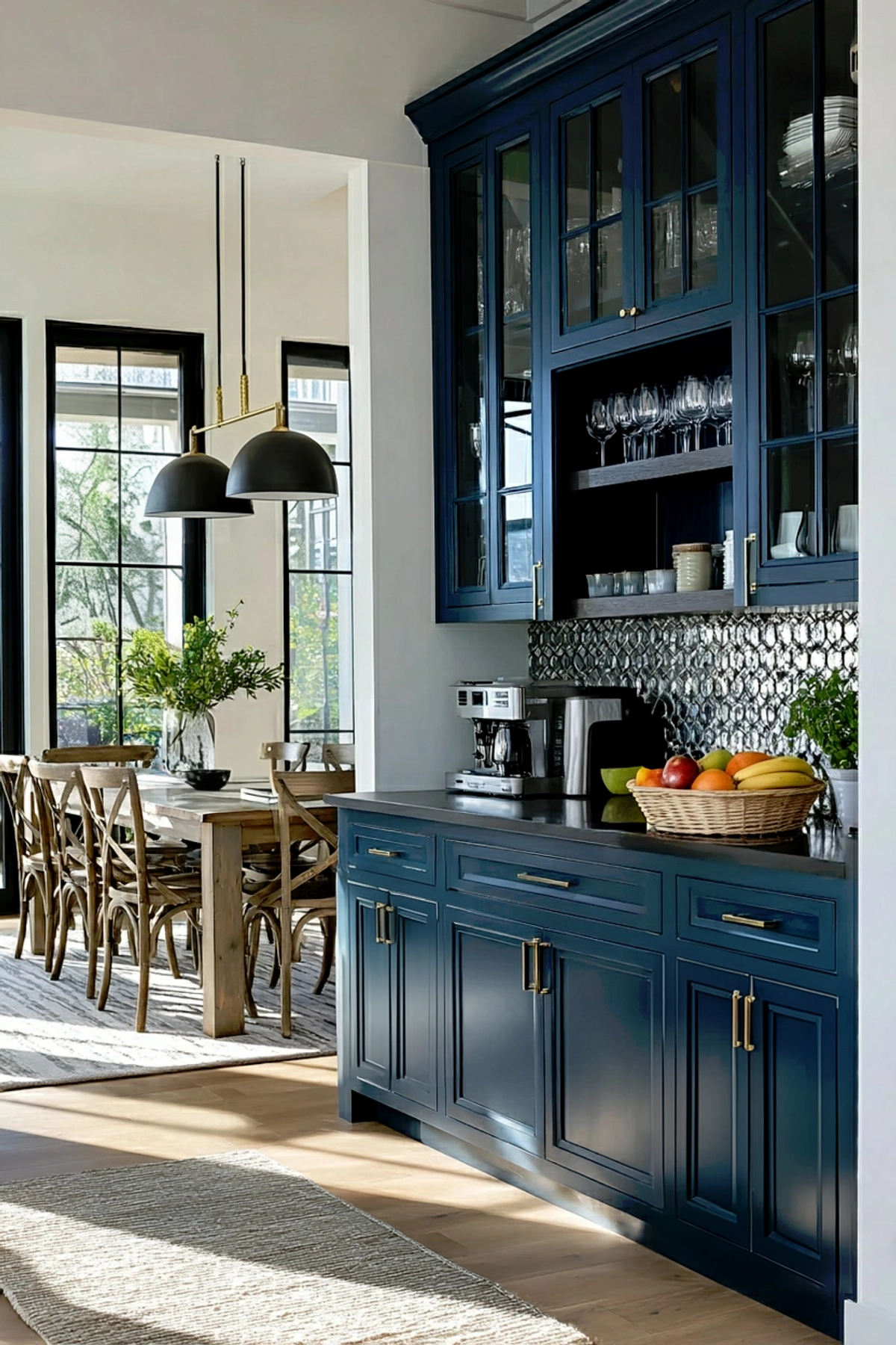 Elegant dining room with navy built-in cabinets, glass-front upper shelves, brass hardware, and a wood dining table with natural light