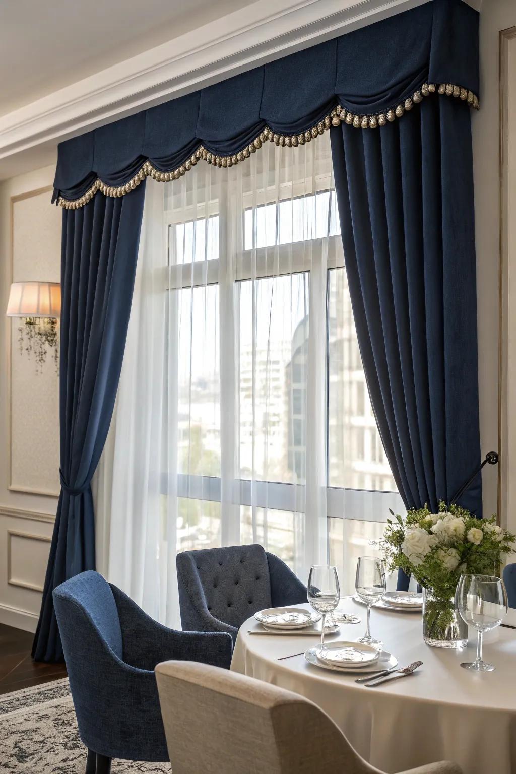 A window using a vivid navy valance in a stylish breakfast room.
