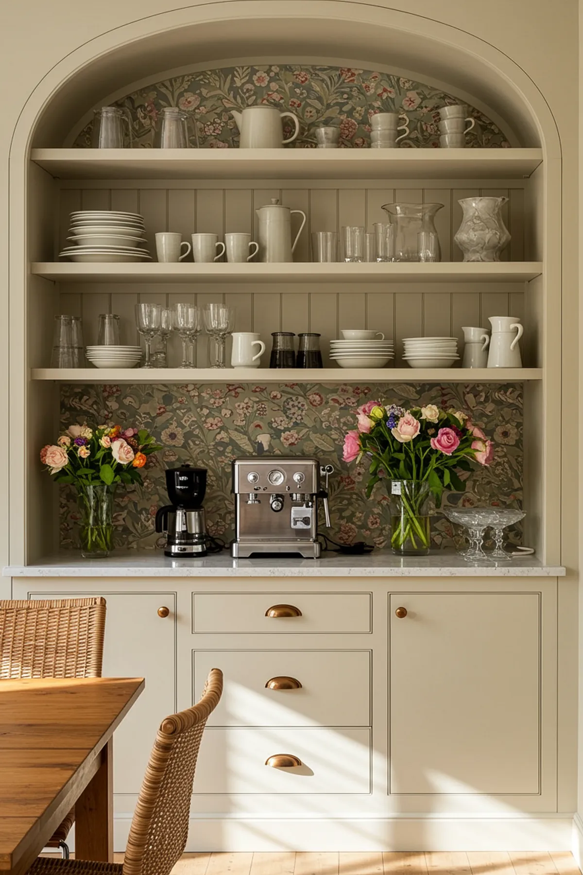 Charming dining room featuring built-in cabinets, floral wallpaper, organized dishware display, and a coffee machine.