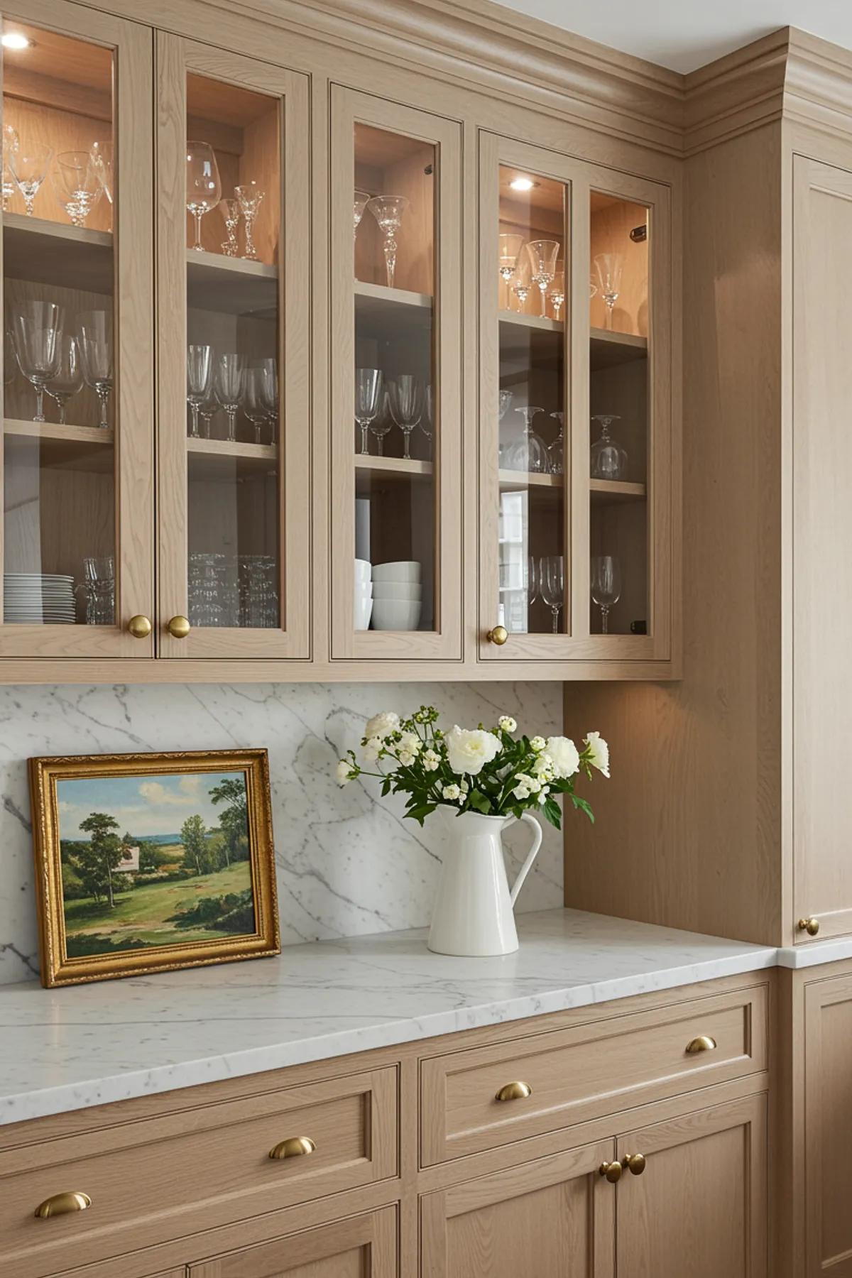 Elegant dining room featuring light oak built-in cabinets with glass doors, marble backsplash, decorative painting, and fresh flowers.