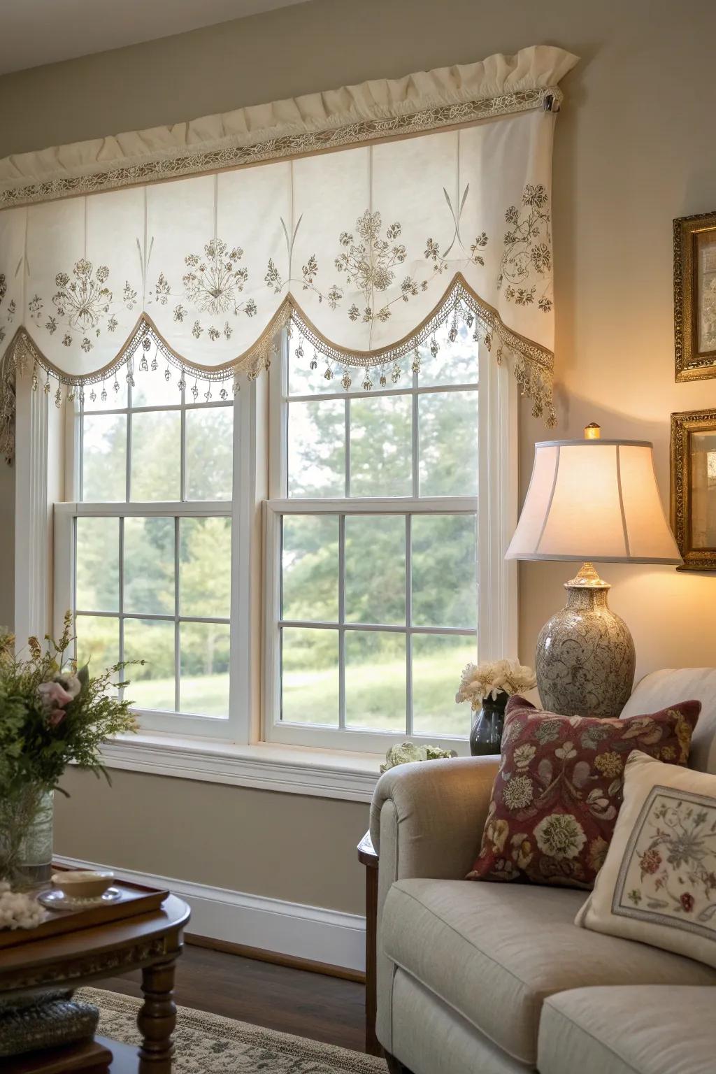 A window using an embroidered applique valance in an artistic family room.