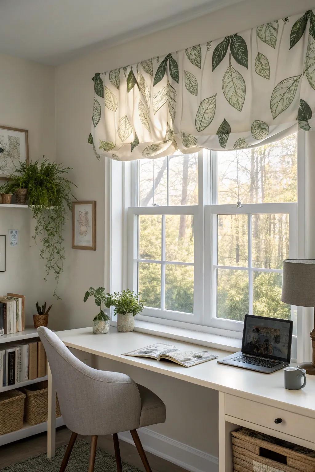 A window using a nature-encouraged valance in a tranquil home office.
