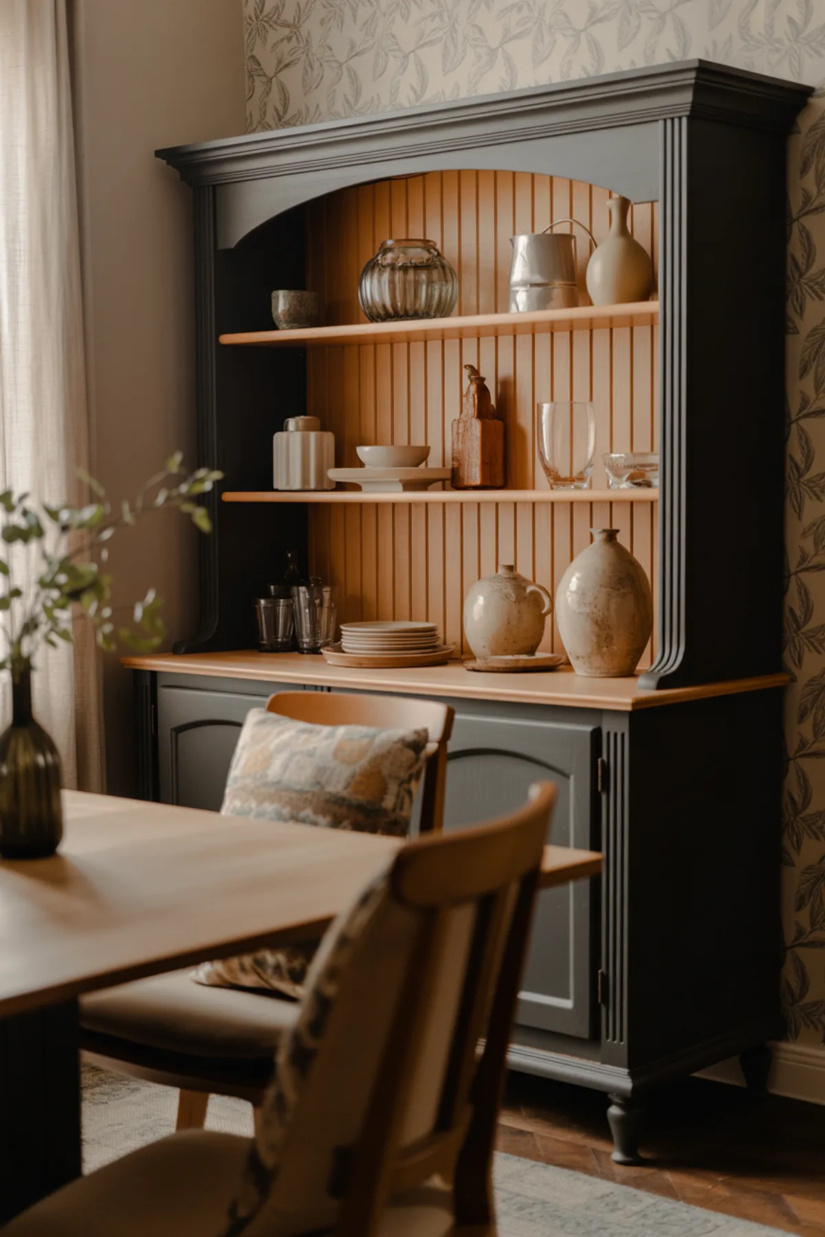 Elegant built-in cabinets with wooden shelves, decorative glassware, and stylish storage in a modern dining room.