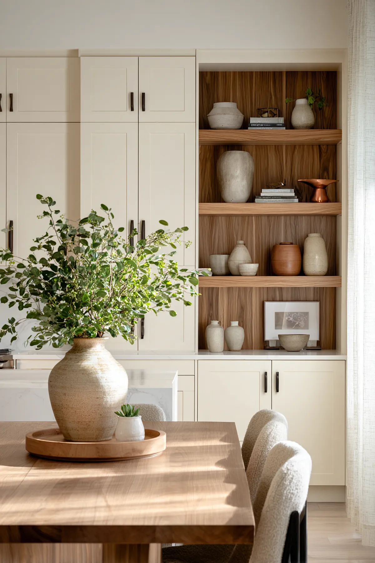 Elegant dining room featuring built-in cabinets with wood shelves, decorative vases, and a warm wooden dining table.